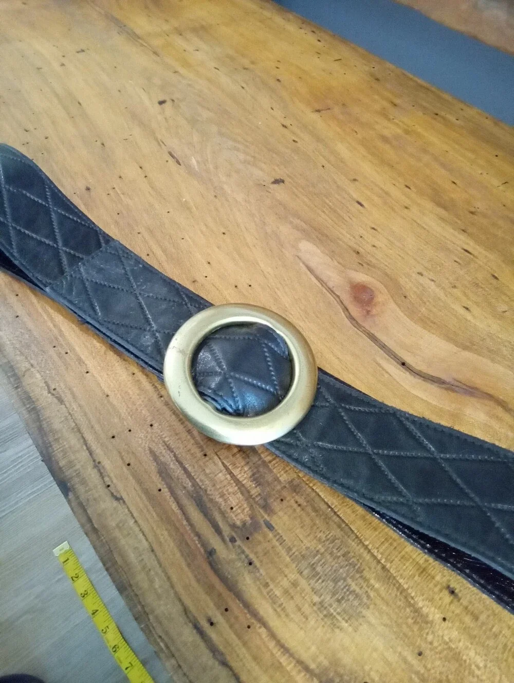 Vintage Black Soft Quilted Wide Band Leather Belt with Gold Ring Buckle